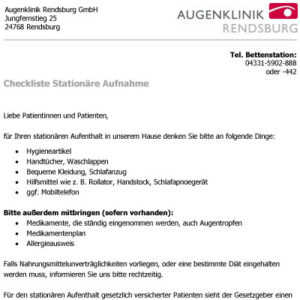 Augenklinik Rendsburg Checkliste Patienten Stationaerer Aufenthalt